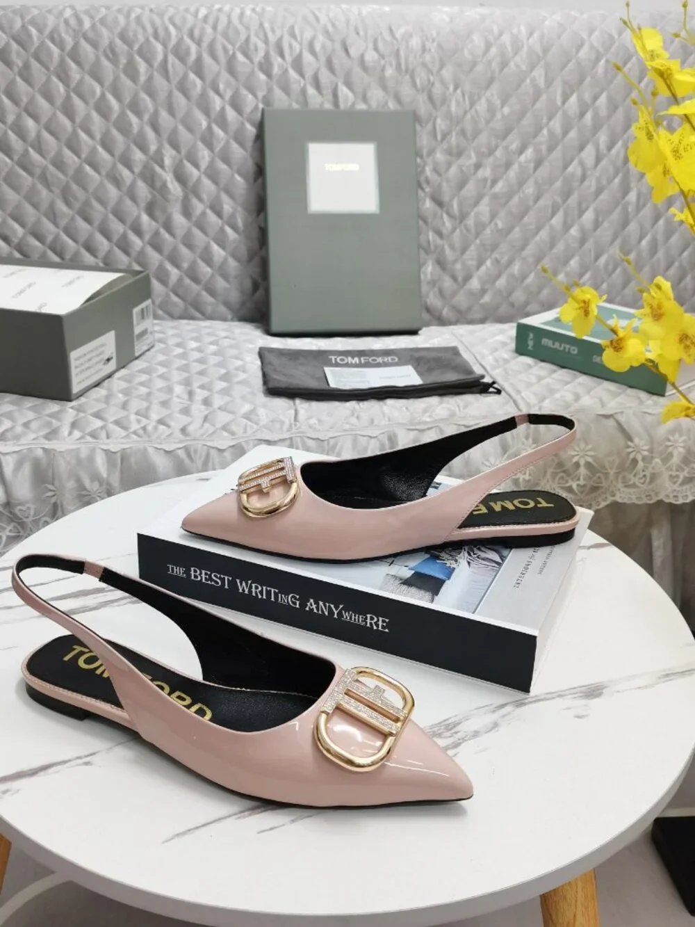 Tom Ford Nude Pink Rhinestone TF-Logo Pointed-Toe Flats
